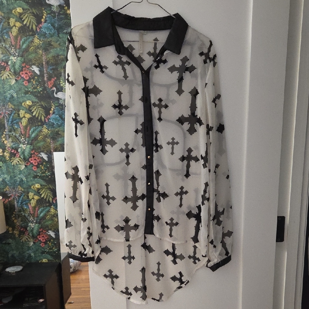 Sheer Black and White Cross Blouse - Picture 2 of 9